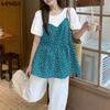 VONDA Women Casual Round Neck Print Patchwork Fake Two-piece Short Sleeve Blouse