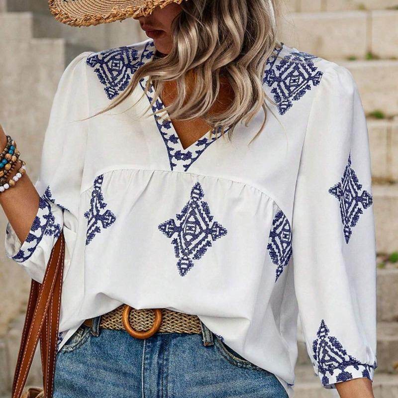 Summer New Fashion Printed V-neck Loose Blouse Women Seven Quarter Sleeve Casual Women's Shirts Tops Vintage Simple Slim Fit Female Blouses 26426