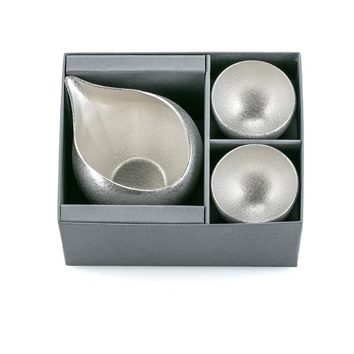 [Nousaku Red Cotton Ribbon and Washi Paper Wrapping] Sake Pitcher - Madoka & Sake Cup - Madoka (Set of 2)