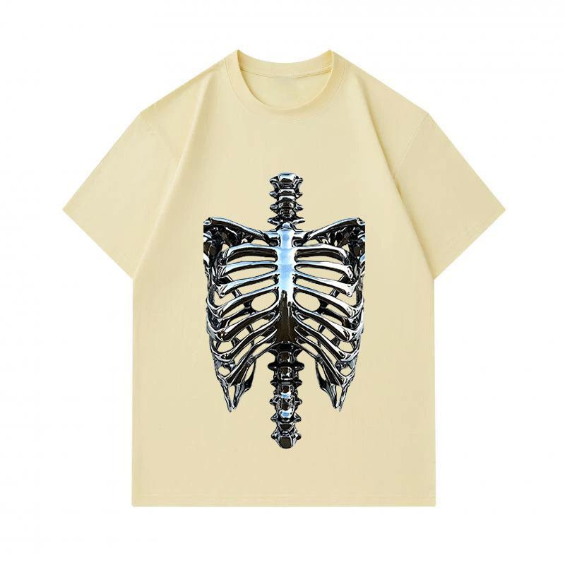 Men's 100% Cotton Crew Neck Short Sleeve T-Shirt, Metallic Skeleton Rib Cage Print Casual Comfortable Summer Tee for Daily Street Wear