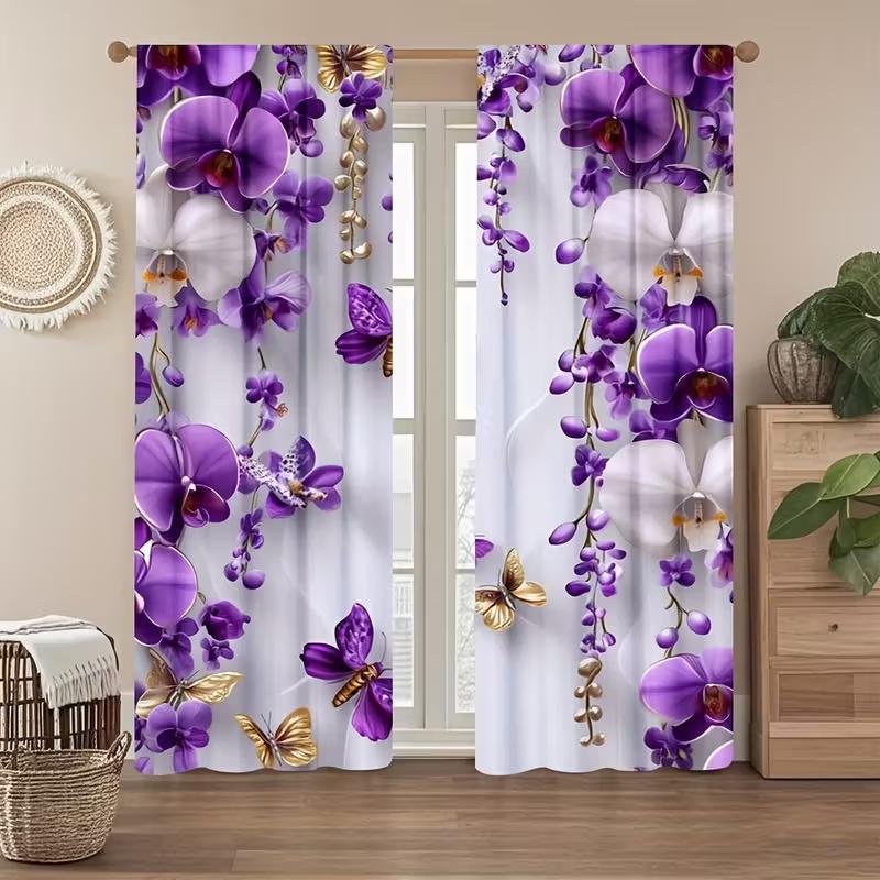 2 Pcs Butterfly Orchid Print Curtains,suitable for Bedroom,living Room Kitchen Decoration,home Decoration,window Decoration