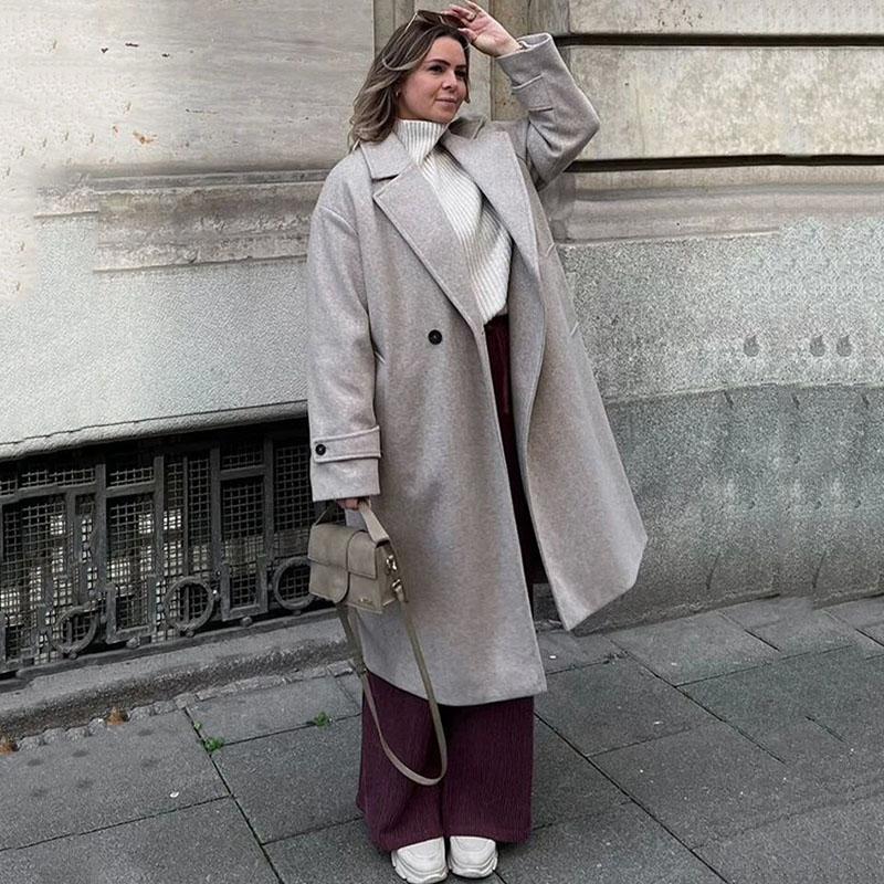 Women Fashion Wool Blend Warm Long Coat Autumn Winter Loose Pocket Double-breasted Jacket Elegant Lapel Overcoat