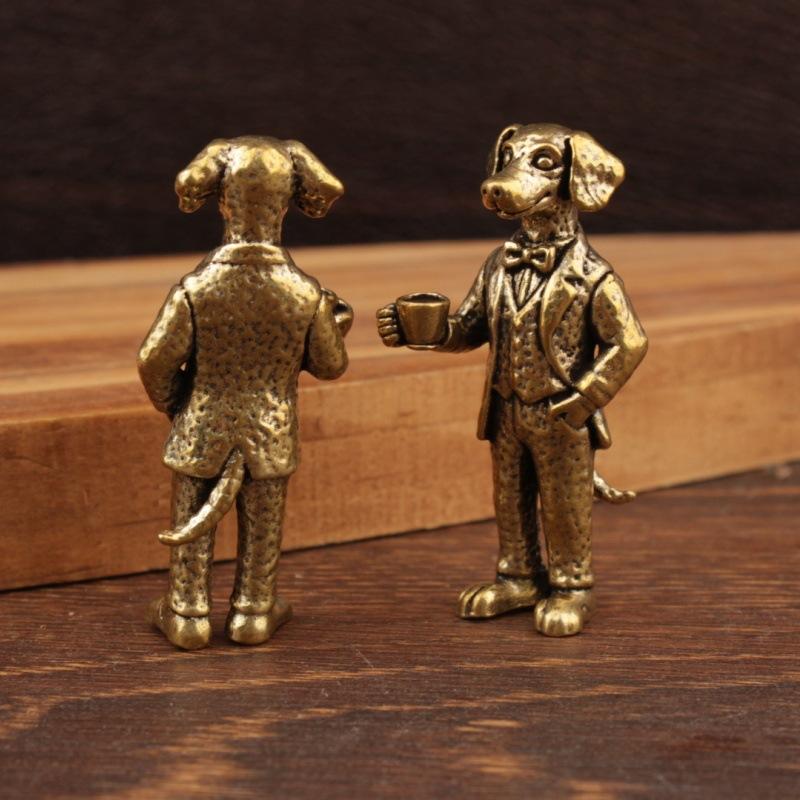 Brass Gentleman Dog Tea-Drinking Dog Figurines With Bow Tie Suit Design Vintage Finish Perfect For Home Desk Shelf Decor Gifts