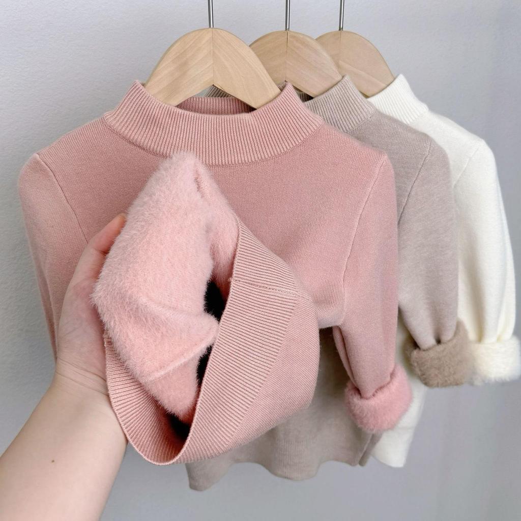 Girls' Fleece-Lined Thick Soft Base Layer Sweater - Half-High Collar for Autumn/Winter