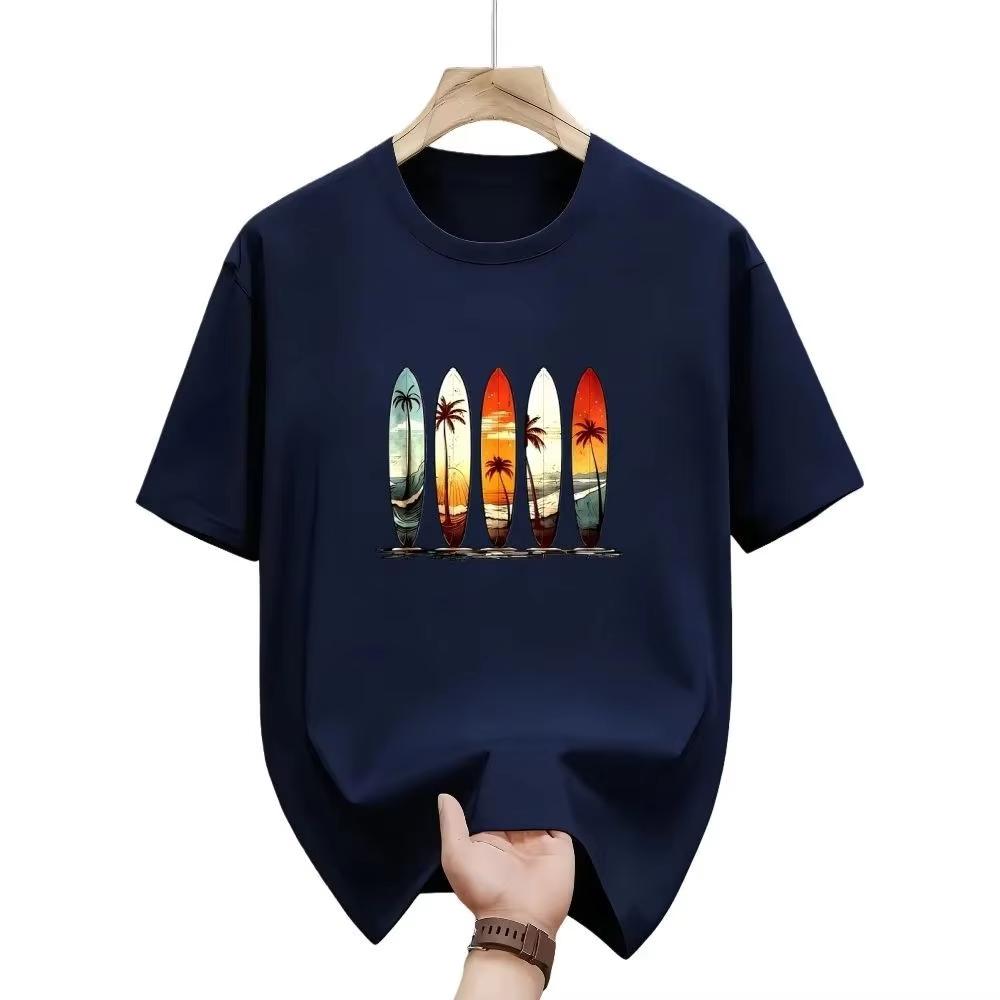 

European and American Men s Summer Surfboard Landscape Print Soft and Breathable Round Neck T-shirt Outdoor Leisure Vacation ... S разноцветный