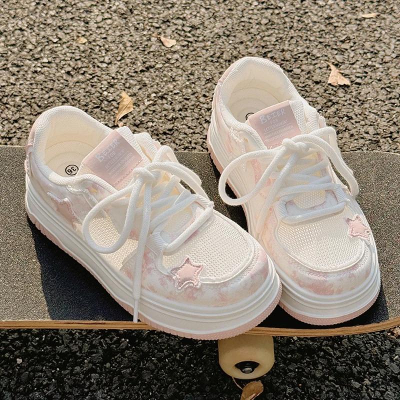 Fashion 2025Round-toe Lace-up Casual White Thick-soled Vulcanized Shoe Seasonal New Sneakers  Comfortable Flat-soled Fashion