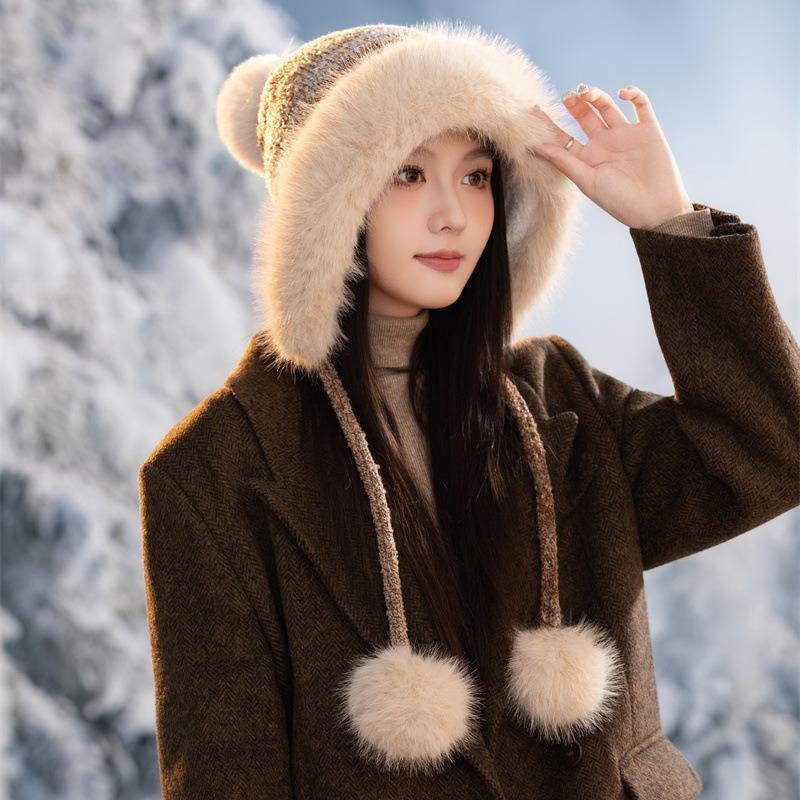 Ear Protection Knitted Thermal Hat Women's Autumn and Winter Piled Thickened Hairball Wool Colorful Hat