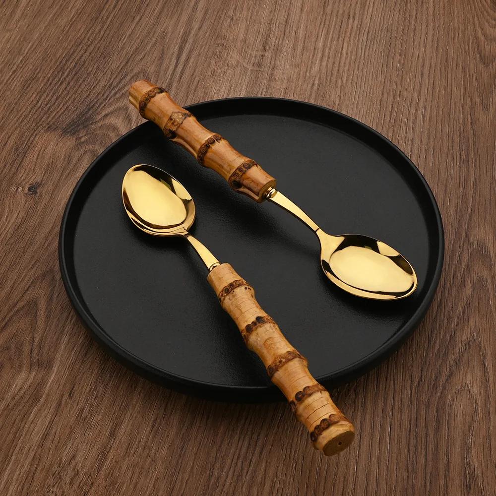 24Pcs Bamboo Cutlery Sets Stainless Steel Dinnerware Sets Gold Wooden Tableware Western Food Knife Fork Teaspoon Cutleries