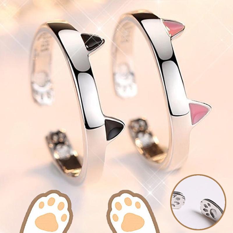 2Pcs Cute Cat Rings for Women Girls Adjustable Cat Ears Paw Animal Finger Ring Couple Cartoon Little Cat Kitten Gift Jewelry