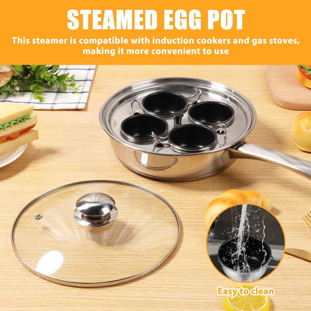 Stainless Steel 4 Cup Egg Poacher Pan Evenly Heated Poached Egg Maker Pot Easy To Release Steamed Pudding Cooker for Cooking