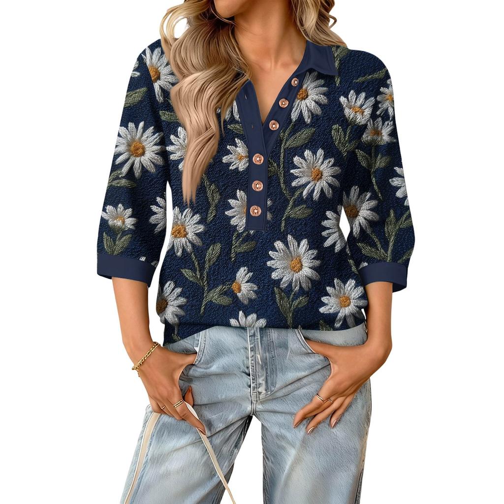 Haut floral d'été à la mode et décontracté pour femmes avec col en V, patchwork et manches trois-quarts