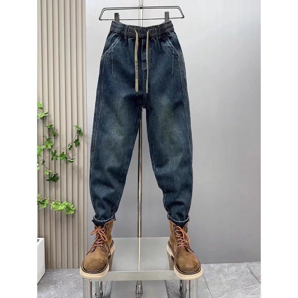 JYL Mens Jeans American High Street Trendy Casual Straight Elastic Cropped Wide Leg Denim