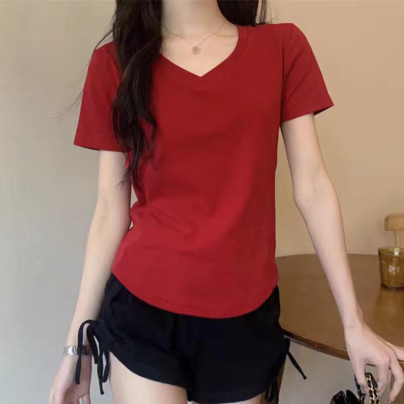 2026 Summer New Slim Fit V-Neck Short-Sleeve T-Shirt for Petite Women