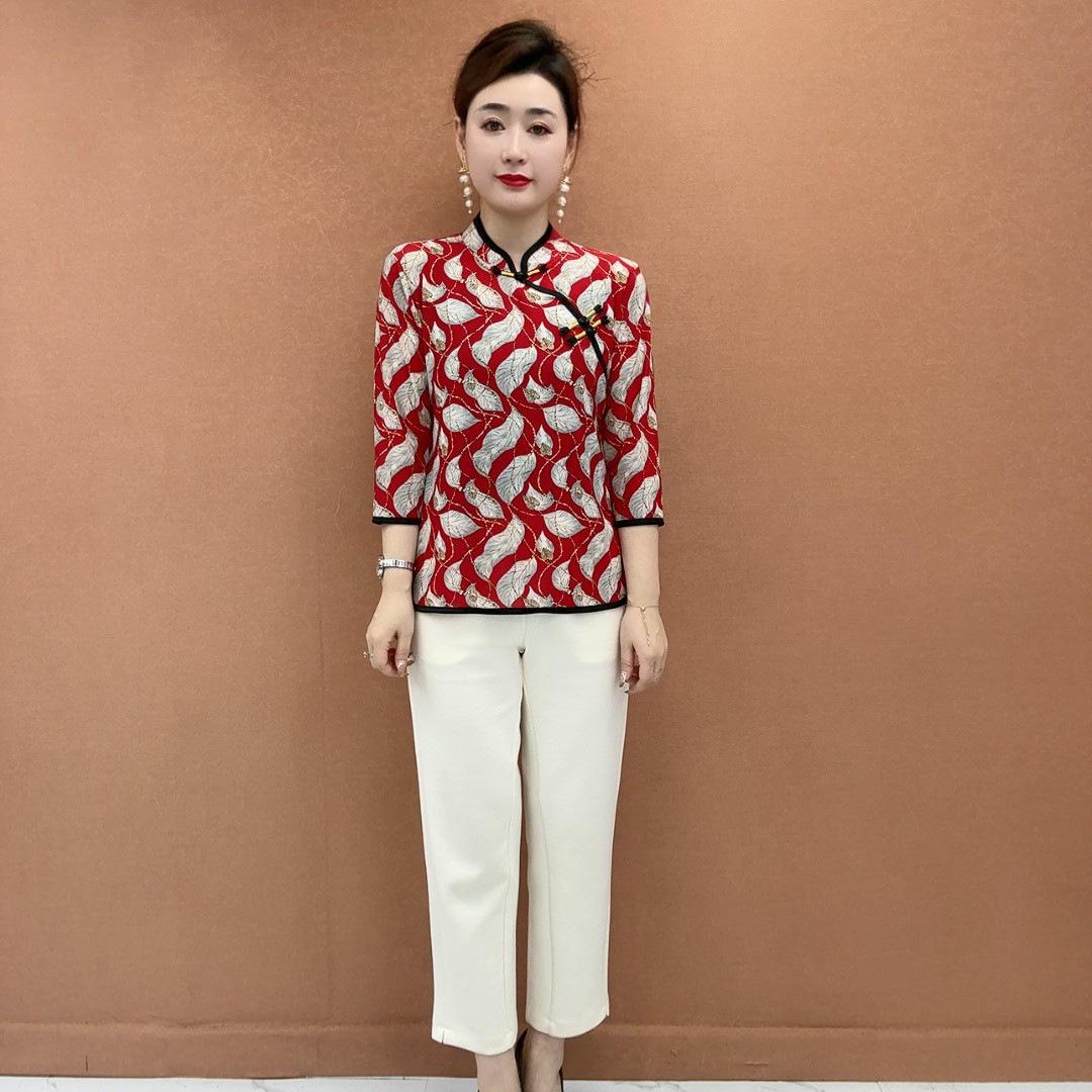 

2026 Spring/Summer Fashion Casual Blouse for Middle-Aged and Elderly Women, New Chinese Style Mom s Top 5XL (Recommended 145-160 jin) червоний