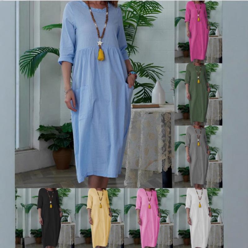 Elegant Women's Mid-Length Solid Color Dress with 3/4 Sleeves and Round Neck