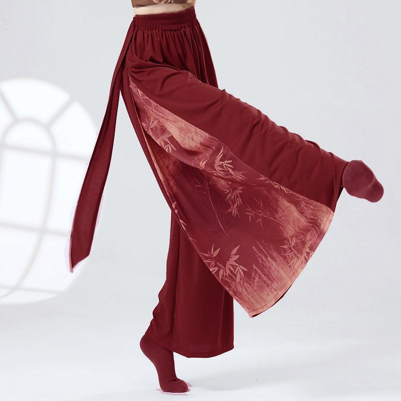 Print Wide Leg Pants Chinese Folk National Dance Culottes Flowy Modern Hanfu Classical Dancer Training Practice Skirt High Waist