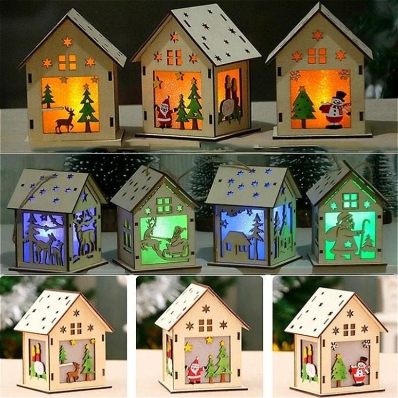 1 Pcs Christmas Ornaments Christmas Glowing Wooden Houses Christmas Tree Decorations Children's Handmade DIY Hanging Pieces