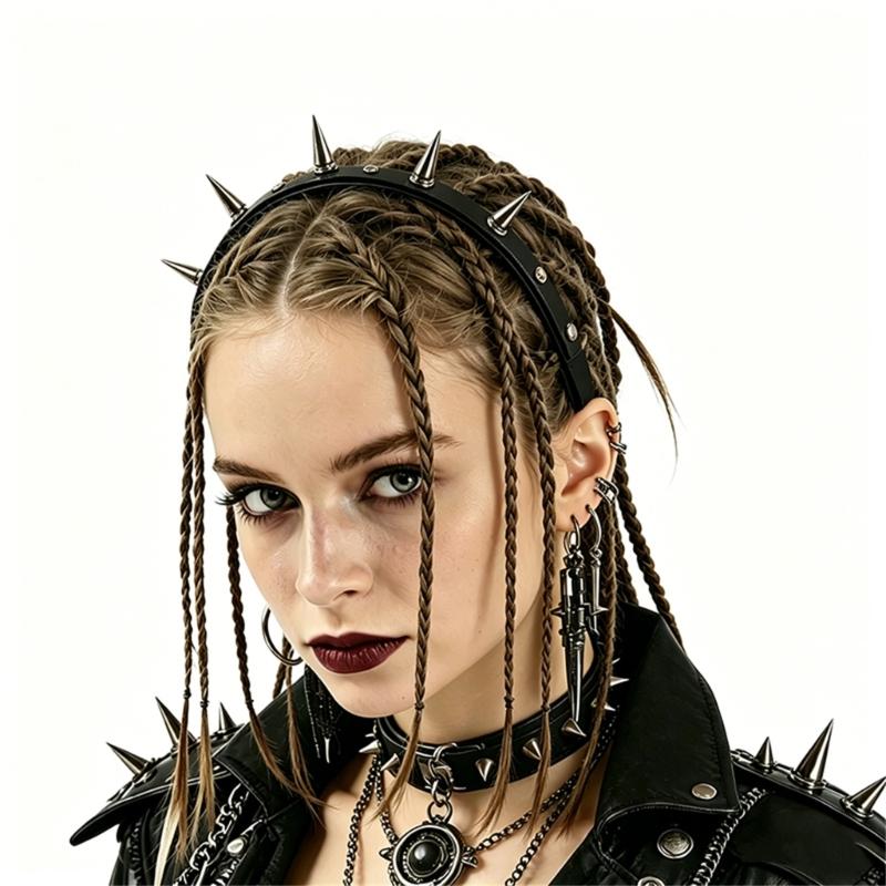 A52E Punk Headband Black PU Leather Hairband With Metal Rivet Studs Unisex Headpiece CN