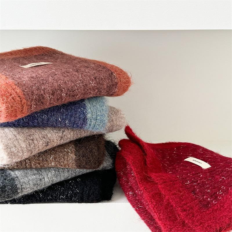 Colorblock Scarf for Women In Autumn and Winter New High End Warm Korean Style Versatile Knitted Hat Set Scarf