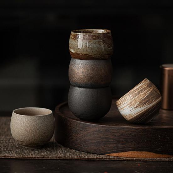 Handmade Stone Pottery Tea Cup Japanese Wabi Aesthetics Unique Texture Imperfection Coffee Dessert Cup Desk Decor