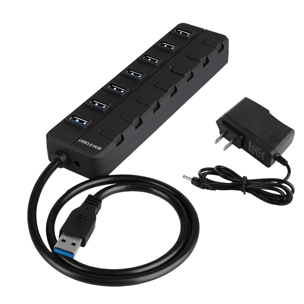 CE Certified 7-Port USB 3.0 Hub 4ft Cable 5Gbps Speed High-Speed ROHS Individual Switches Data Transfer PC Laptop Rubber Oil