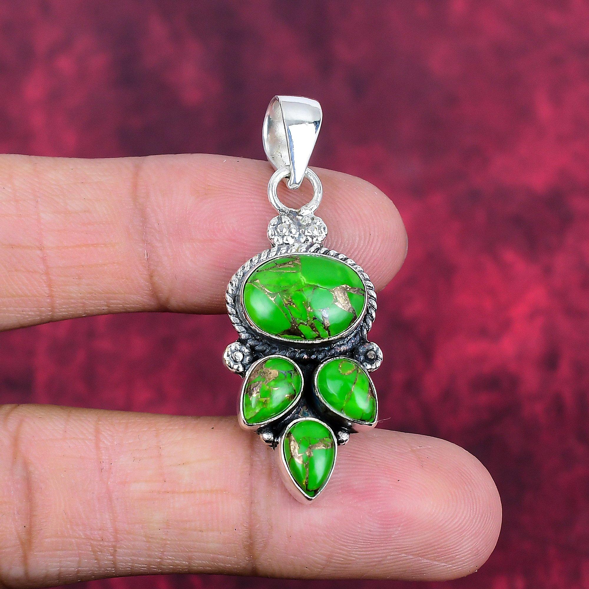 

Кулон из зеленой меди и бирюзы, кулон из стерлингового серебра 925 пробы с драгоценными камнями, подвеска ручной работы, изумительное ювелирное украшение, подарок для нее 1.85 Inches