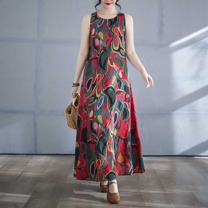 Long Skirt Summer New Sleeveless Round Neck Printed Dress