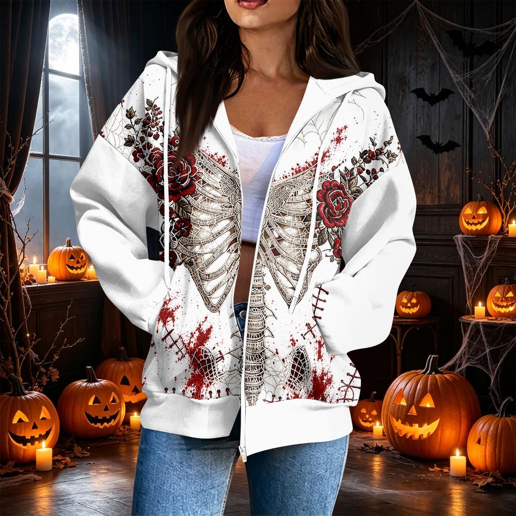 Women's Casual Long Sleeve Zip-Up Hoodie Sweatshirt with Halloween Print