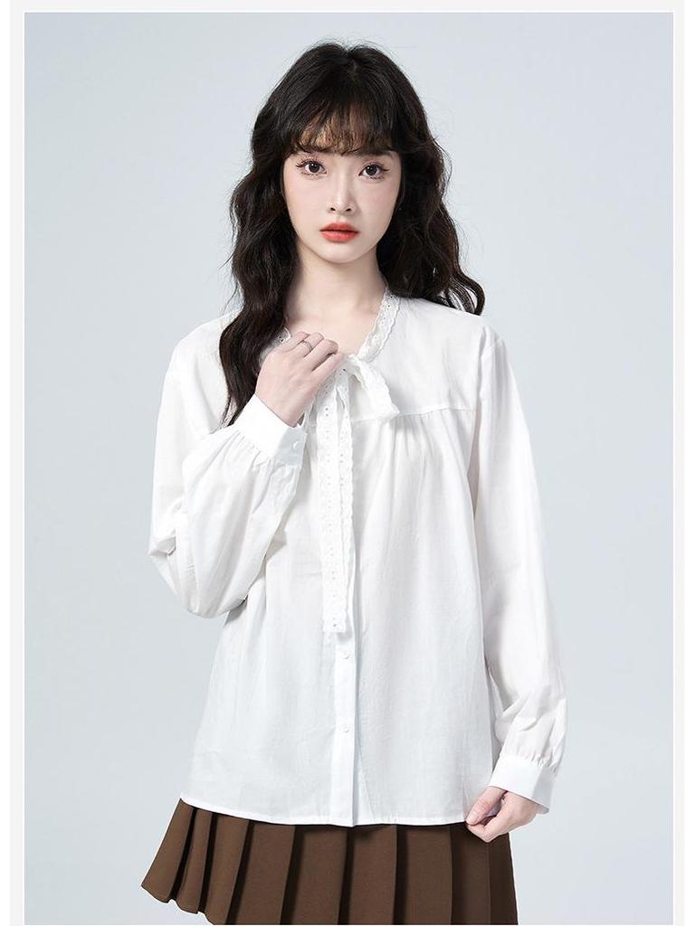 2026 Spring Lace Tie Loose Collar Long Sleeve Women's Shirt