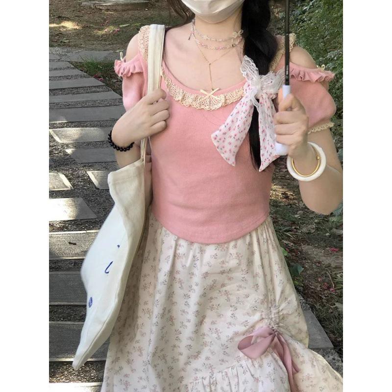 zZZZ Floral Bow Drawstring Midi Skirt - Irregular Hem, High Waist A-Line for Petites, Girly Style