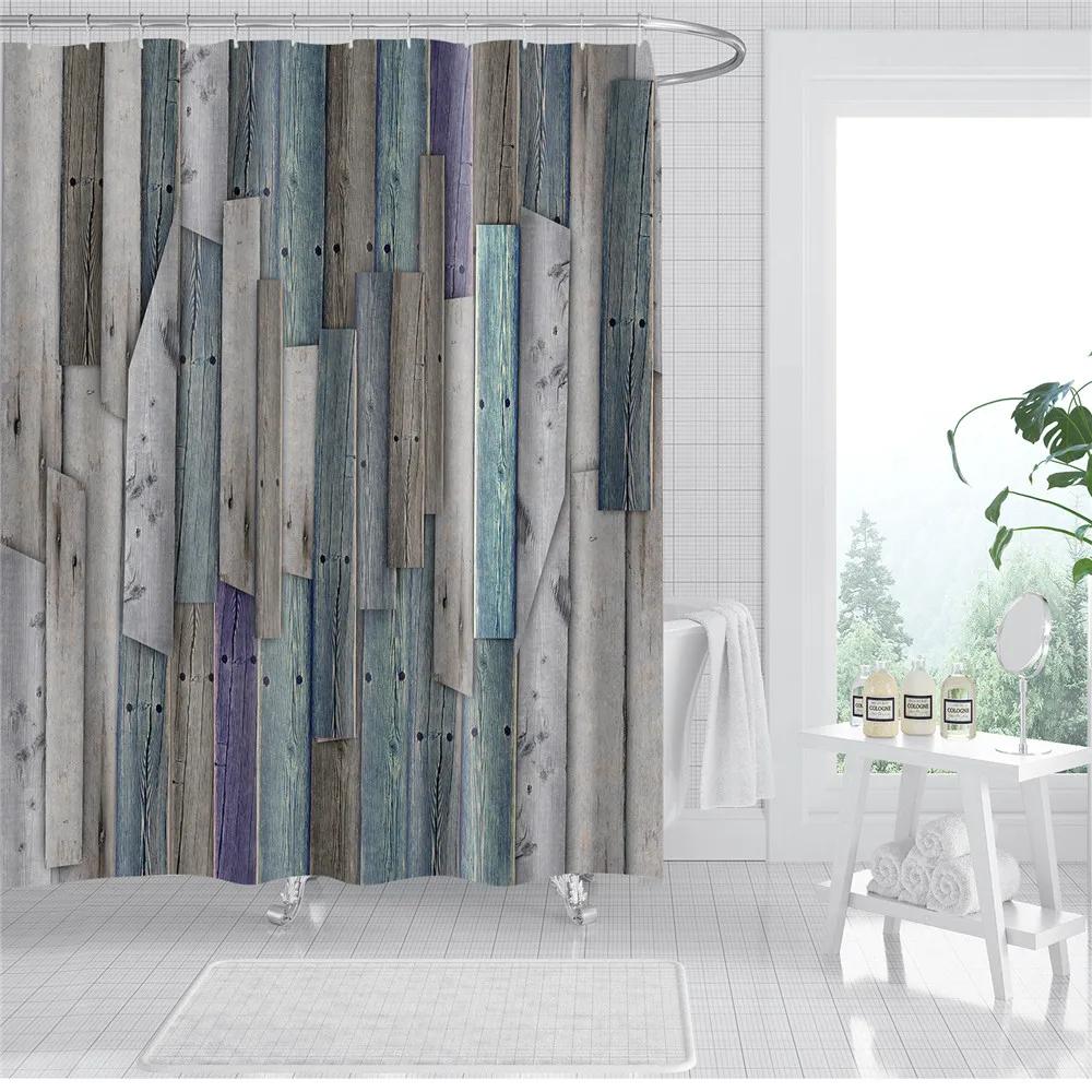 Wooden Door Shower Curtains Bathroom Curtain Stripes Letters Printed Waterproof Bath Screen Curtain for Home Decor with Hooks