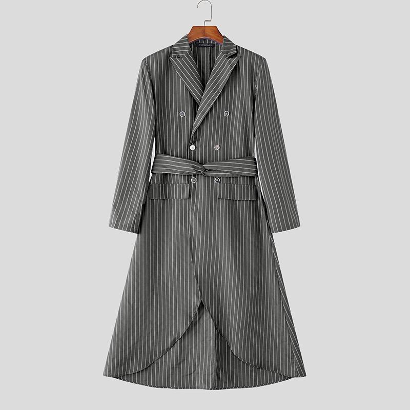 INCERUN Men Notched Lapel Long Sleeve Striped Splits Irregular Layers Long Blazer Coats