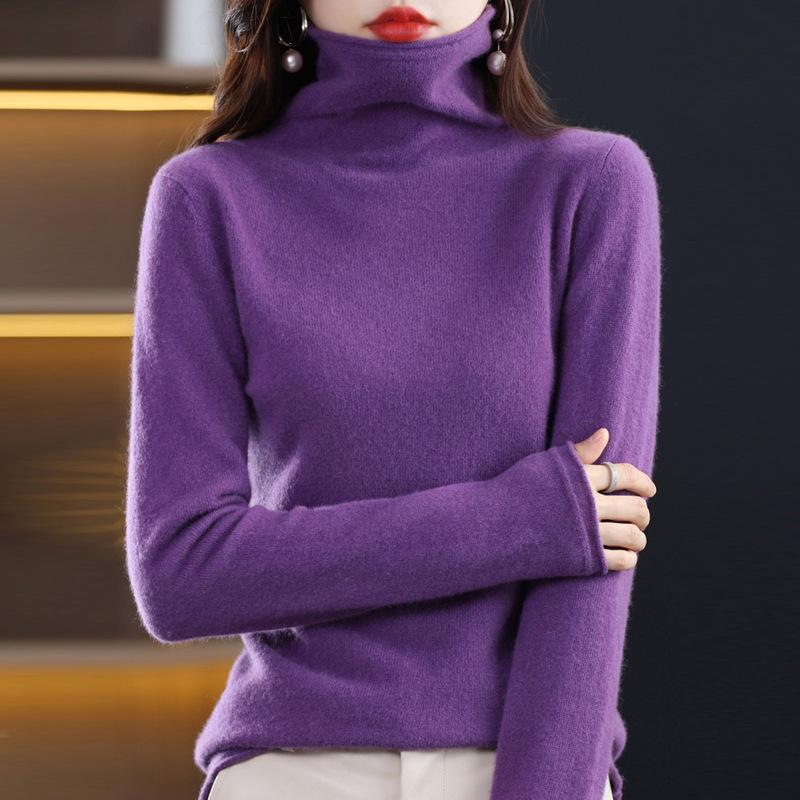 Women's 100% Wool Rolled Edge Turtleneck Sweater - Loose Fit Pullover Knit Base Layer