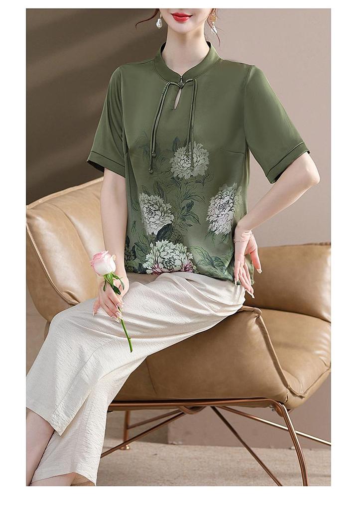 Mom's 2026 Chinese Style Chiffon Suit: Short-Sleeve Printed Top for Middle-Aged and Elderly Women