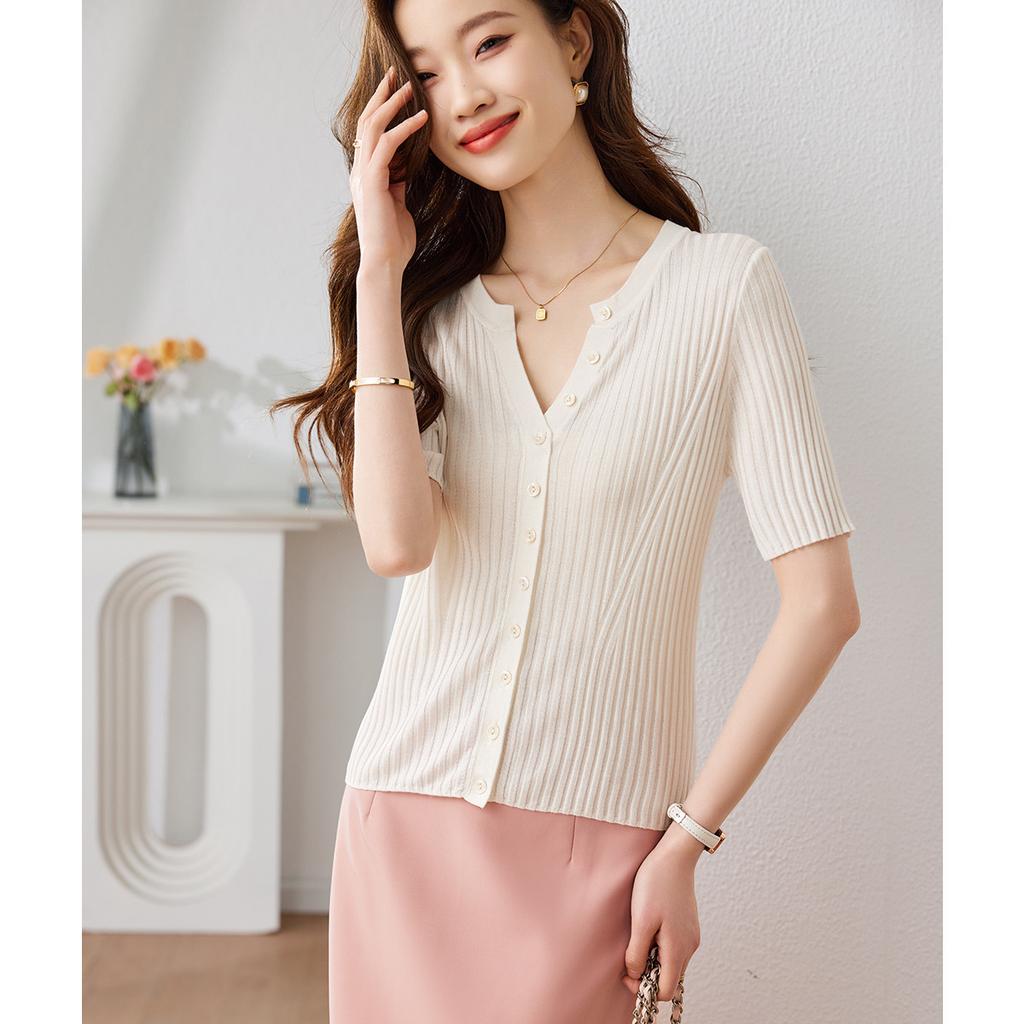 Knitted Cardigan with Mulberry Silk, Women's Thin Summer 26v Collar Shawl Cover, Slim Fit Air-conditioned T-shirt, Short Sleeved