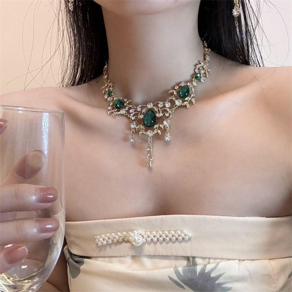 Multifunction Green Crystal Jewelry Set Korean Style Sparkling Necklace  Wedding