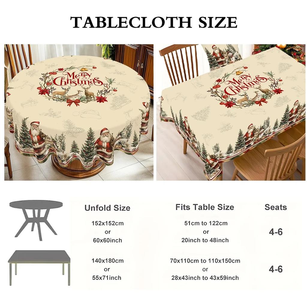 Rustic Tablecloth Santa Claus Snowman Pattern Vintage Table Cover Washable Dining Table Cloth for Home Living Room Interior Deco