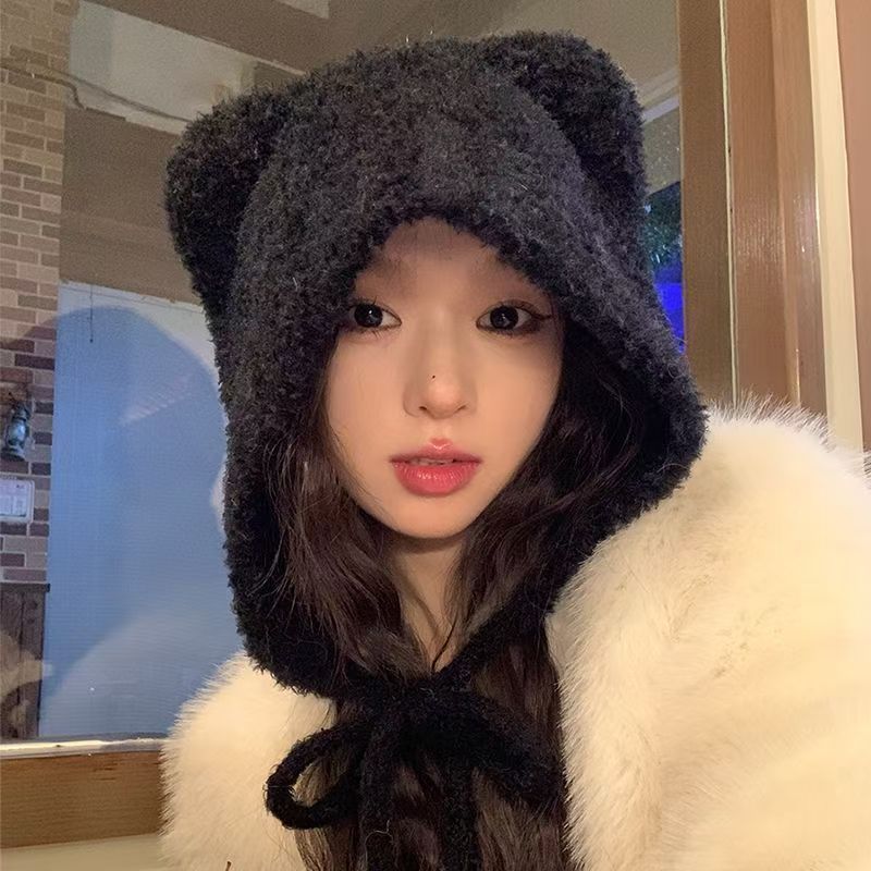 Cute Bear Ear Wool Hat for Women In Autumn and Winter Warm Knitted Hat Plush Hat Versatile Cold Protection Ear Tip Hat