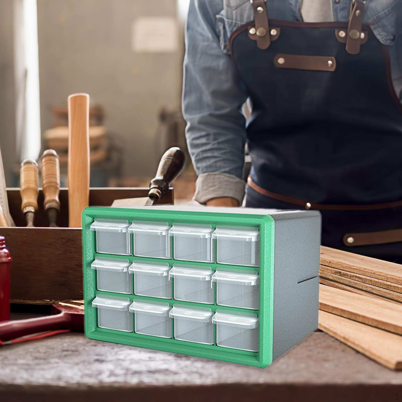 Органайзер с 12 ящиками для метизов и инструментов в домашнем офисе зелёный
