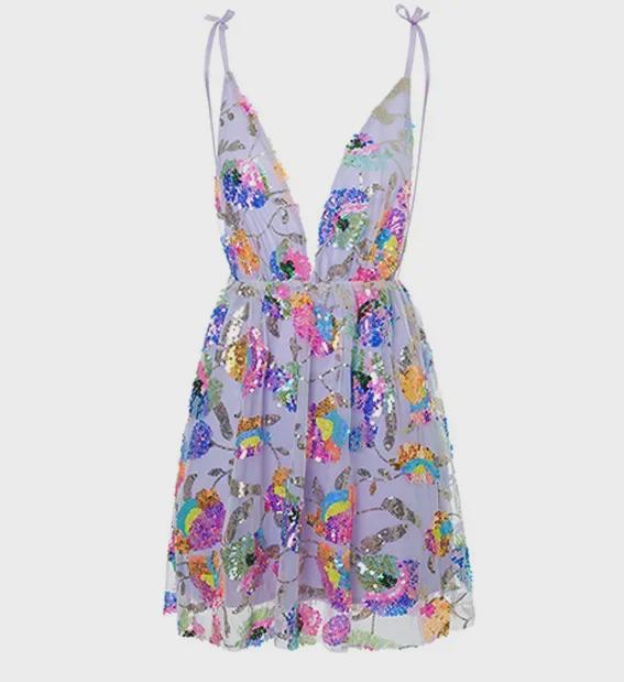 2023 Sexy šaty pro ženy s hlubokým výstřihem do V, bez zad, se flitry a květinovou šněrovačkou