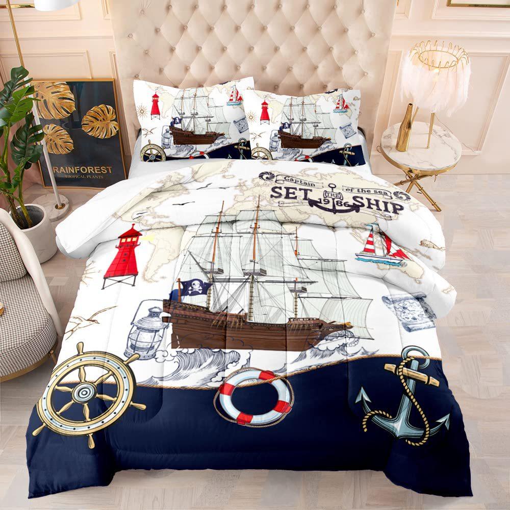 Sailing Bedding Three-Piece Set Nautical Theme Duvet Set Adventure Theme Quilt Cover