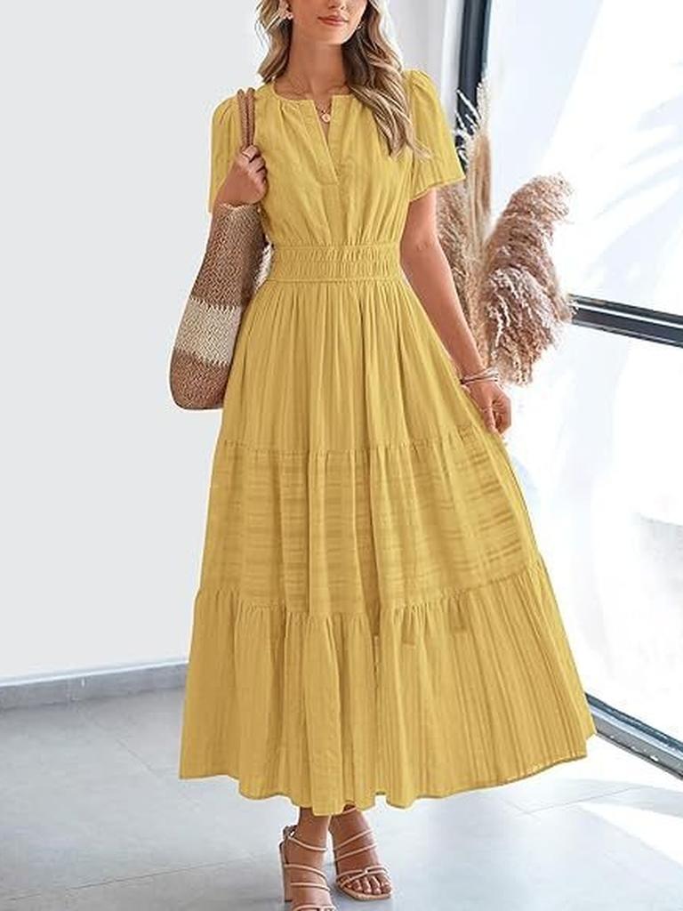 Spring/Summer Women's Fashion V-Neck Ruffled Bubble Sleeve Layered Maxi Dress for Women