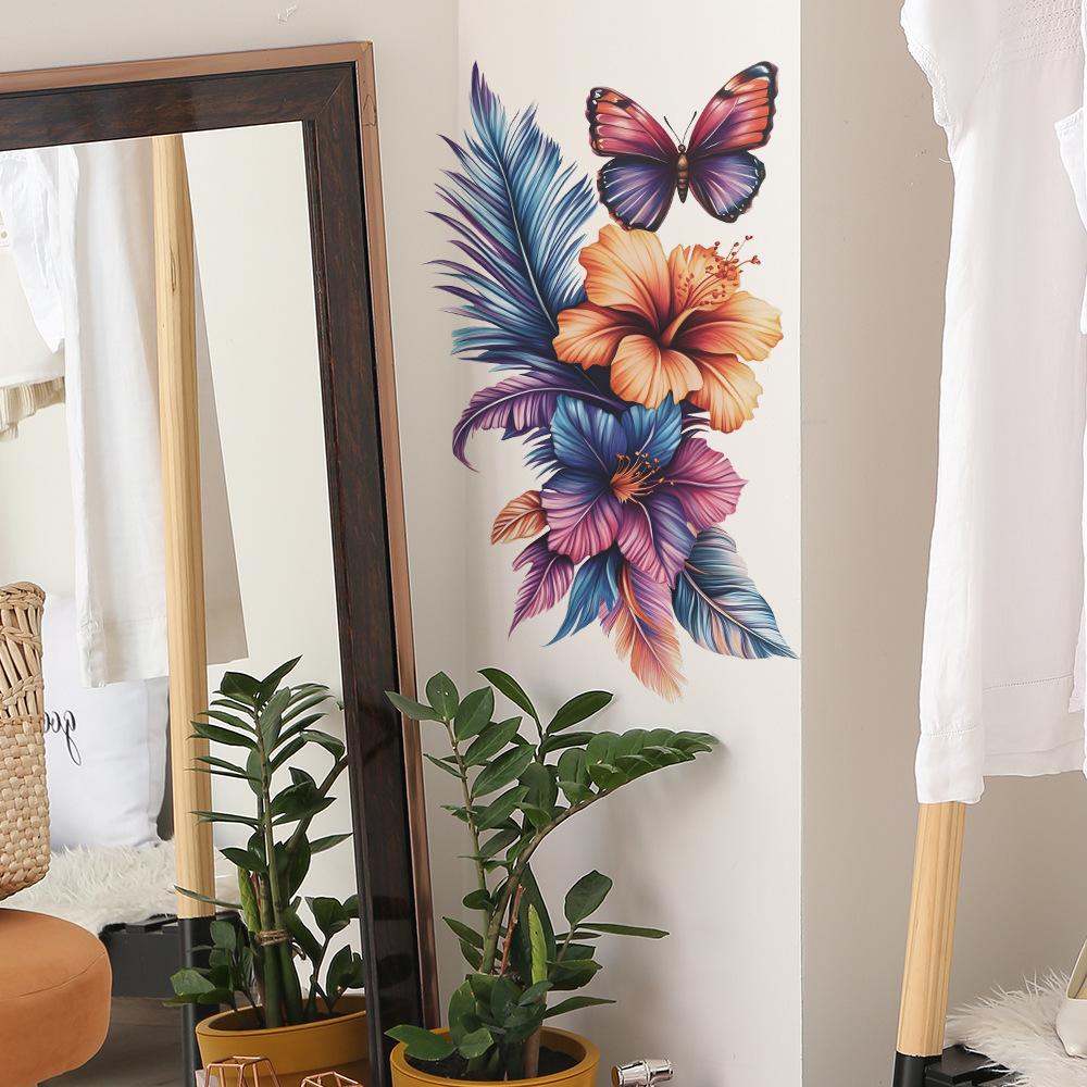 Irisierende Federn, Blumen & Schmetterlinge Wandaufkleber für Schlafzimmer Wohnzimmer Hintergrundwand Dekoration Selbstklebend Abnehmbar Heimdekoration