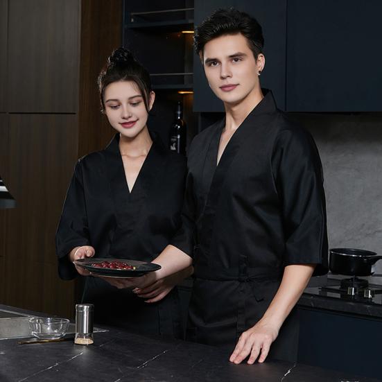 Chef Uniform with Apron Adjustable Waist Strap Unisex V-Neck Crossover Style Chef Jacket Professional Kitchen Workwear