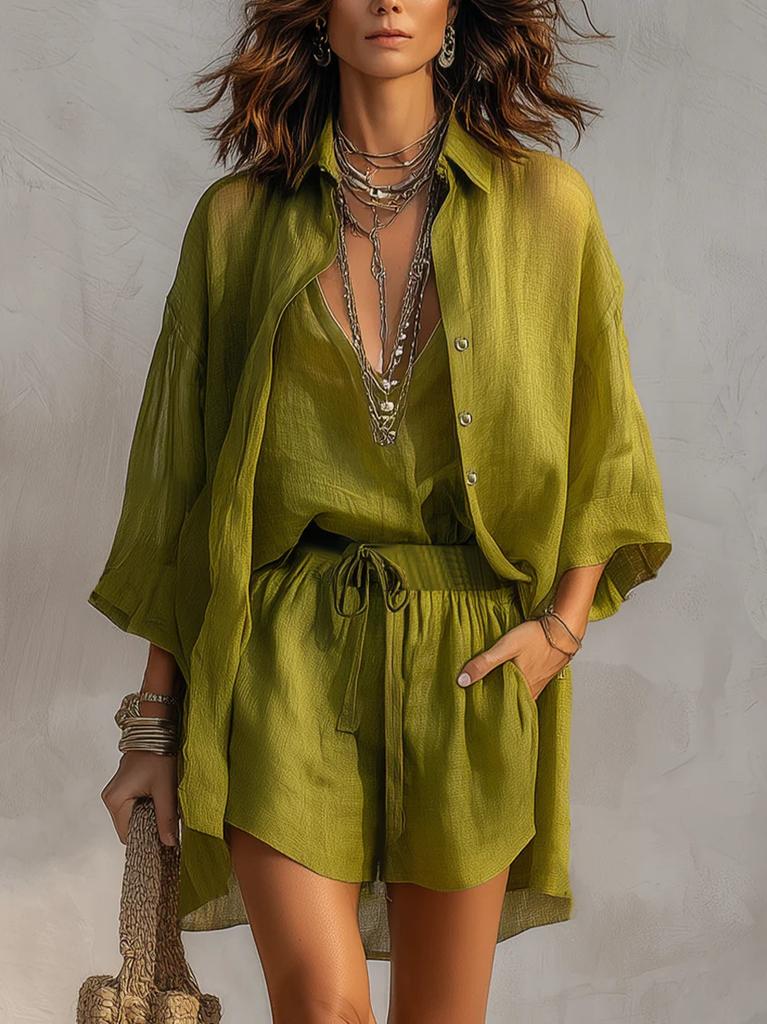 European and American cross-border foreign trade summer lapel breasted nine-point sleeve cardigan deep V-neck vest shorts casual three-piece set women
