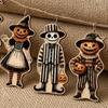 Retro Style Holiday Accents 6Pcs Halloween Wooden Ornaments, Pumpkin Head Skeleton Character Hanging Decor with Indoor Outdoor Ornaments Rope, Pendant
