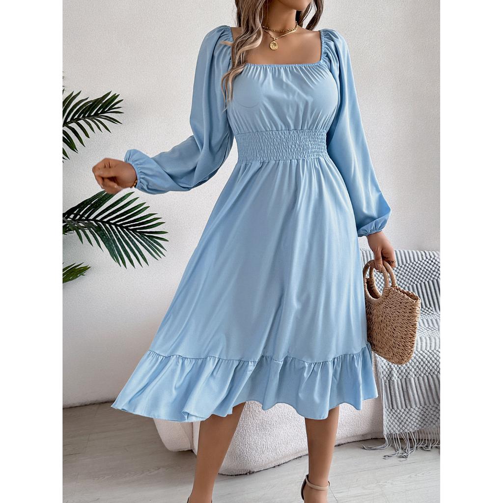 Autumn and Winter Casual Elegant Solid Color Round Neck Long Sleeved Waist Cinched Lotus Leaf Edge Dress Women Clothing