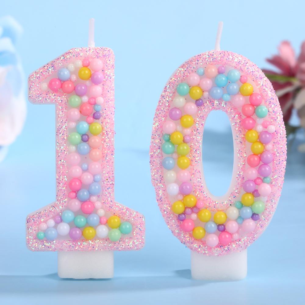Colorful Ocean Bead Birthday Number Candle - Pink Edge Cake Decoration