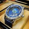 Mens Fashion Casual Mechanical Watch With Starry Sky Dial Rotating Bezel Stainless Steel Buckle Leather Strap
