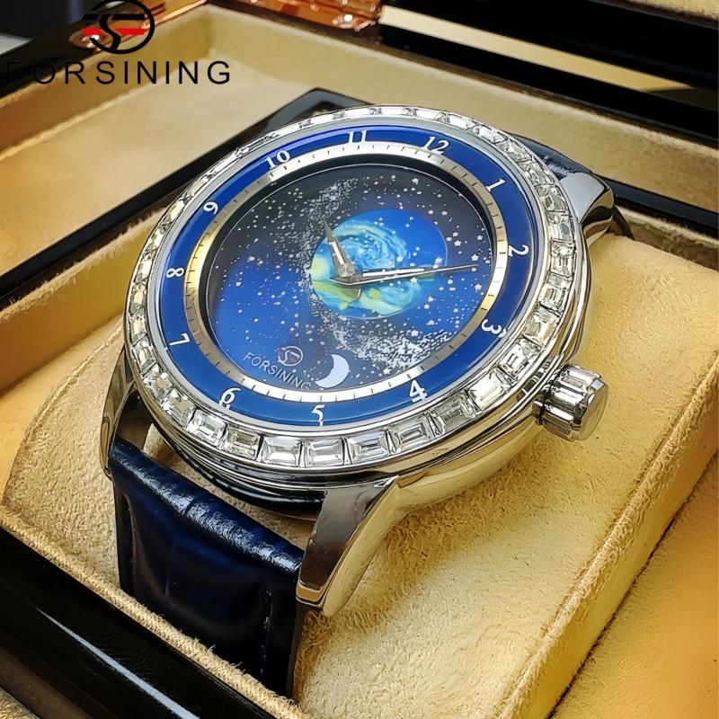 Mens Fashion Casual Mechanical Watch With Starry Sky Dial Rotating Bezel Stainless Steel Buckle Leather Strap